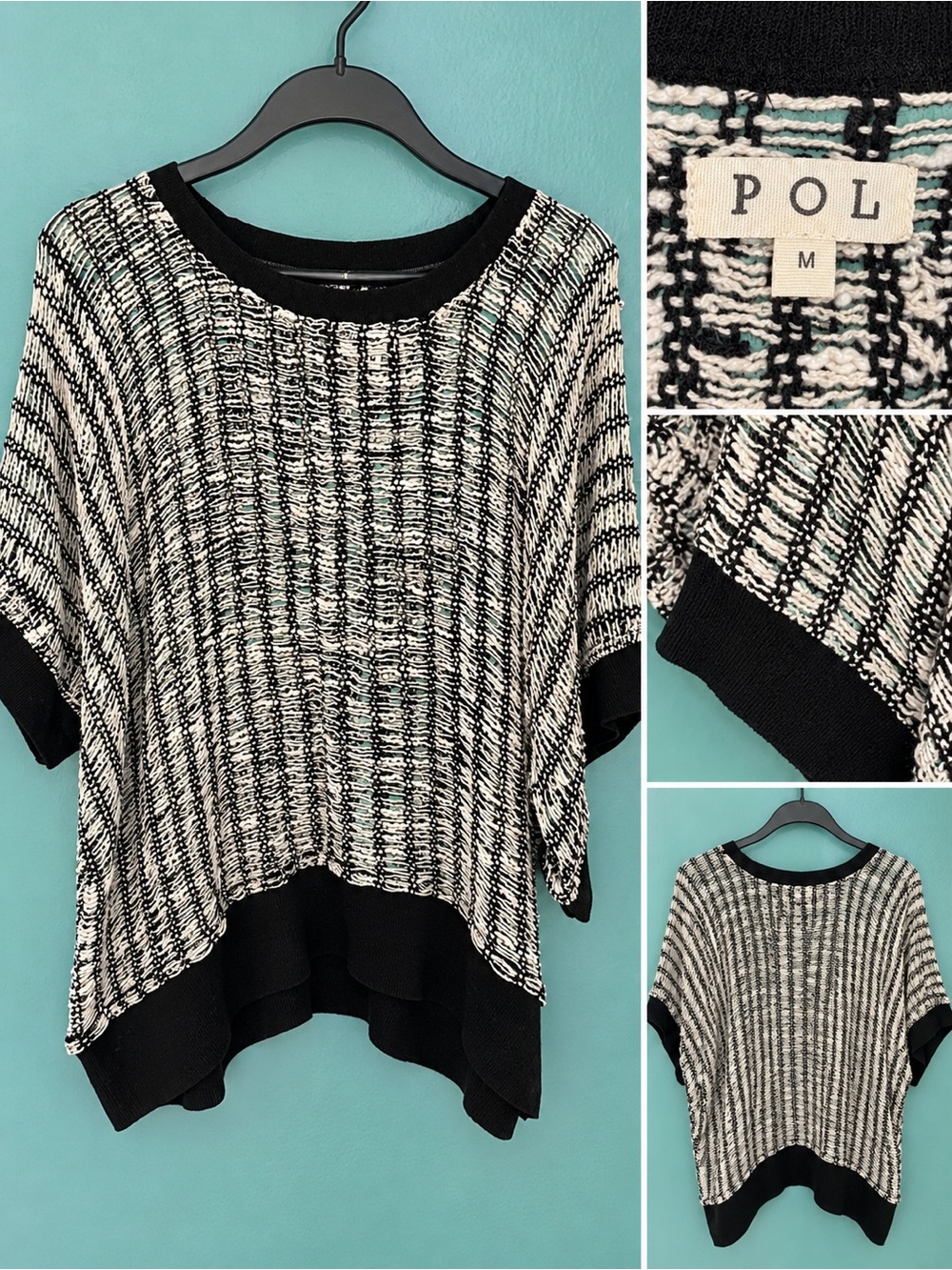 POL Black & White Marled Short-Sleeve Knit Pullover